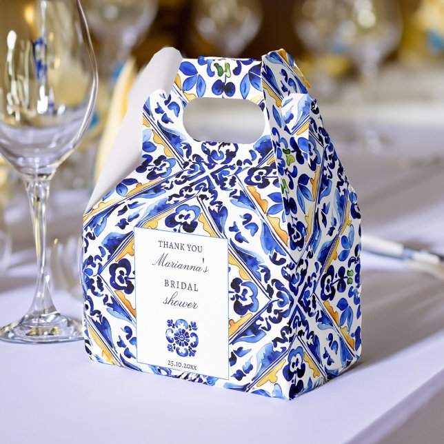 Caixinha De Lembrancinhas Favoritos do chá de panela azul Vietri azulejo Ama (Amalfi Vietri blue tile bridal shower favors personalized Favor Box Mediterranean themed favor boxes)