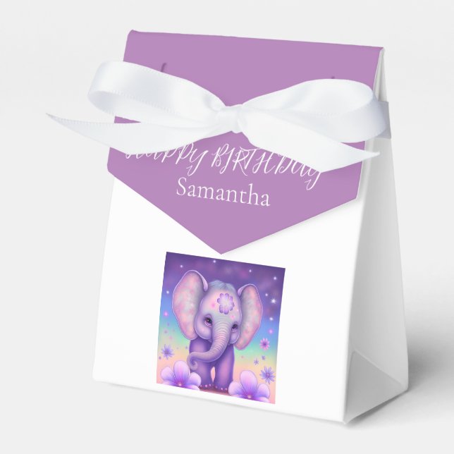 Caixinha De Lembrancinhas Feliz Elefante Roxo Flores Aniversário (Frente)