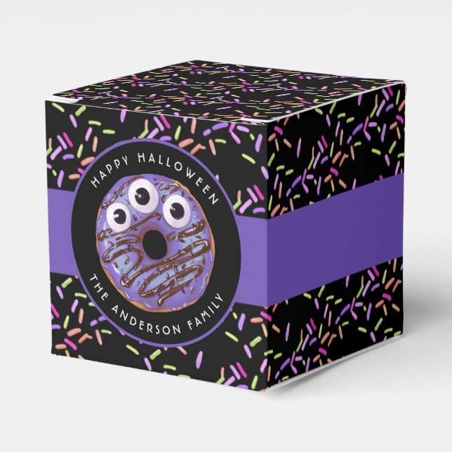 Caixinha De Lembrancinhas Feliz Halloween Roxo Rosquinha de Monstro Azul (Frente)