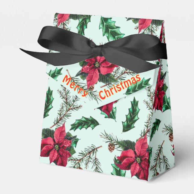 Caixinha De Lembrancinhas Feliz Natal Red Poinsettia Greenery Gift Box (Frente)