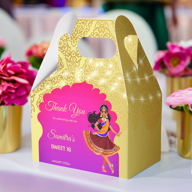 Caixinha De Lembrancinhas Festa de aniversario de meninas de Bollywood (Indian Bollywood girls birthday party template Favor Box gold and pink cute cartoon caricature)
