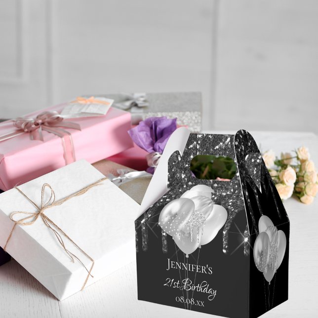 Caixinha De Lembrancinhas Festa de aniversário escura-prateada goteja balões (Criador carregado)