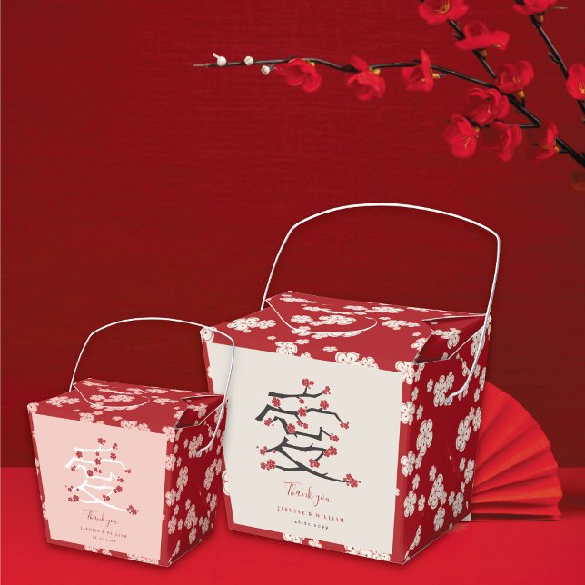 Caixinha De Lembrancinhas Festa de Engajamento dos Amantes Chineses das Cere (Chinese 'Ai' Love Red/Pink Cherry Blossoms Engagement/Wedding Party Favor Boxes @ fatfatin_red_knot)