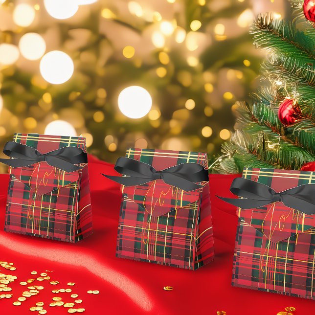 Caixinha De Lembrancinhas Festivo Tartan Red & Green Dourada 'Joy' (Stylish Christmas Red and Green 'Joy' Tartan Plaid Holiday Gift Favor Boxes )