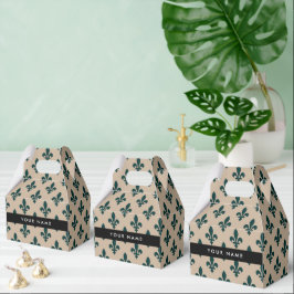 Caixinha De Lembrancinhas Fleur de Lis, Verde sobre Bege, Real, Seu Nome