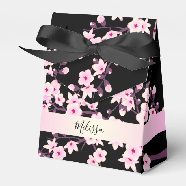 Caixinha De Lembrancinhas Floral Cherry Blossomo Preto Rosa Personalizado (Frente)