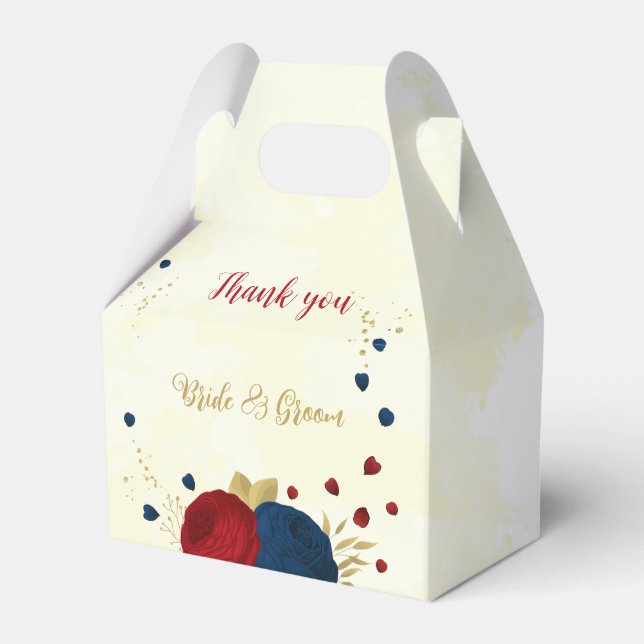 Caixinha De Lembrancinhas flores azuis vermelhas e marinhos ouro folhas casa (Frente)