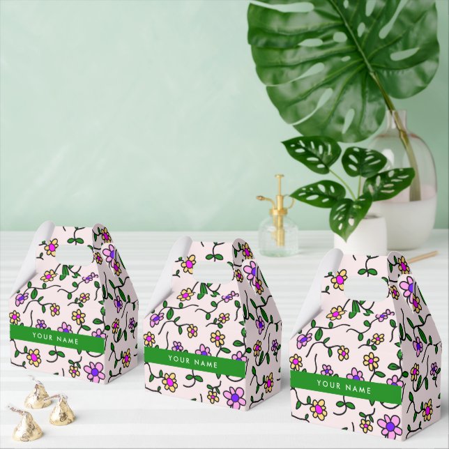 Caixinha De Lembrancinhas Flores Coloridas, Fundo Rosa, Verde (Múltiplo)