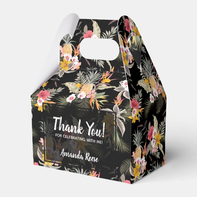 Caixinha De Lembrancinhas Flores de Abacaxis no Gable Preto (Frente)