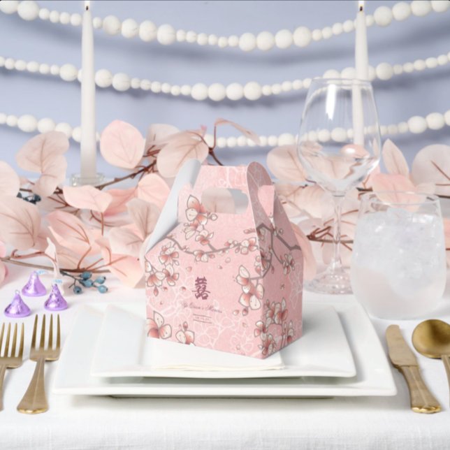 Caixinha De Lembrancinhas Flores de Pessegueiro Dupla Felicidade Casamento C (Pink Peach Blossoms Double Happiness Elegant Chinese Wedding Favor Boxes @ fatfatin_red_knot)