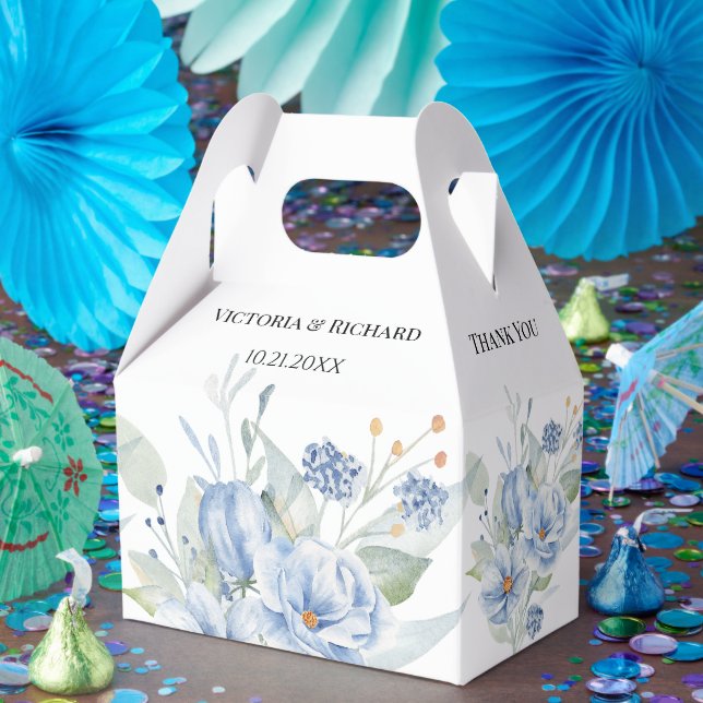 Caixinha De Lembrancinhas Flores e Folhas de Aquarela Azul Empoeirado Rústic (Festa)