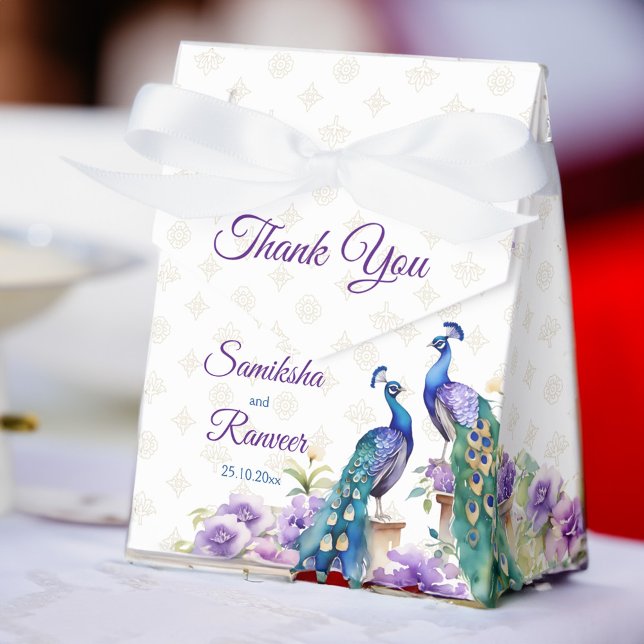 Caixinha De Lembrancinhas Flores púrpuras de pavão, favor do casamento india (Peacocks purple flowers Indian wedding favor gifts Favor Box watercolor two peacocks lilac garden)