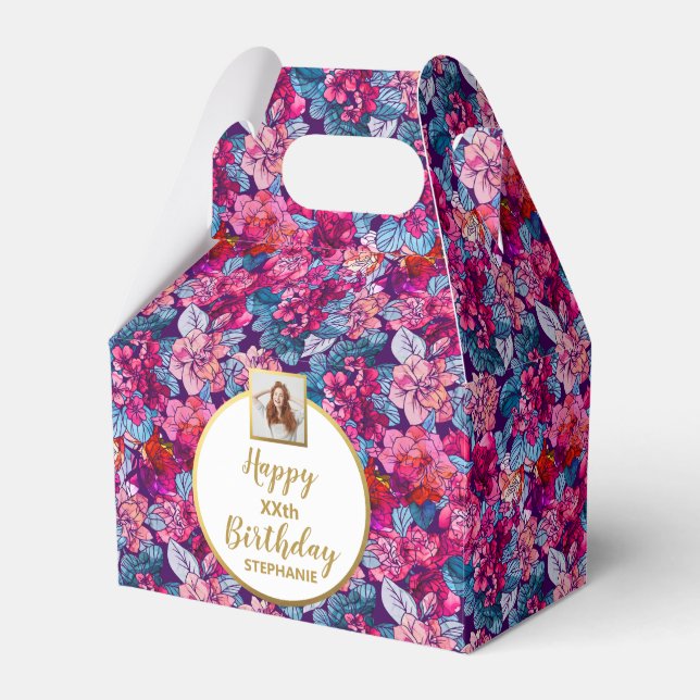 Caixinha De Lembrancinhas Flores Rosa bonito, Foto Personalizada, Feliz Aniv (Frente)