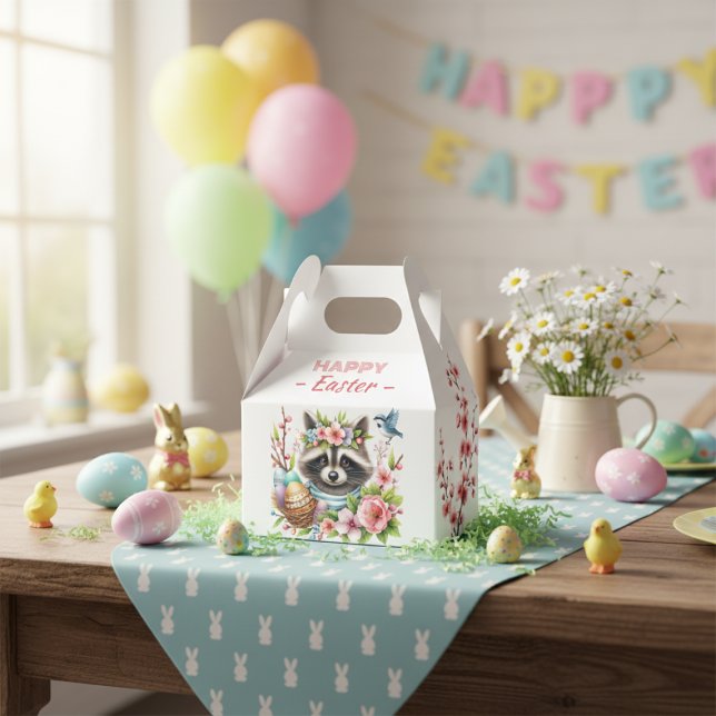 Caixinha De Lembrancinhas Foguetes de Páscoa com Aquarela - (Watercolor Raccoon Easter Eggs Cherry Blossoms - Favor Box)