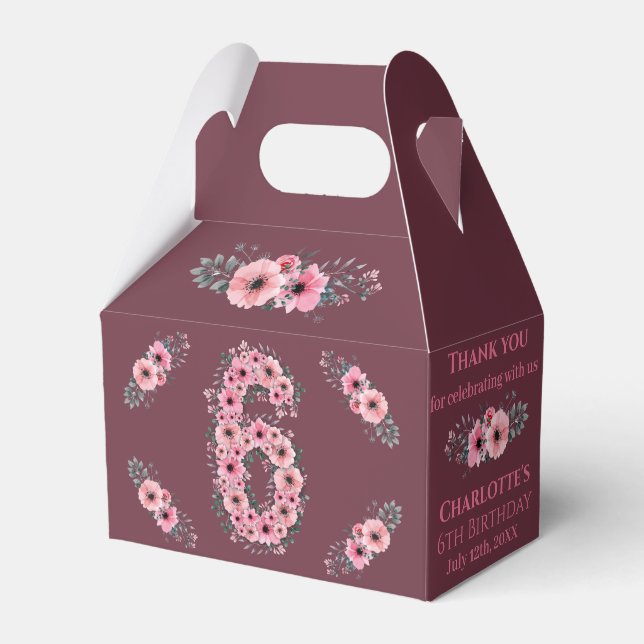 Caixinha De Lembrancinhas Folhagem Verde-Grande 6 de-Aniversário-Rosa-Flores (Frente)