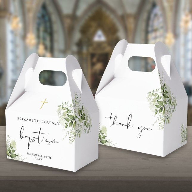 Caixinha De Lembrancinhas Folhas de Verdura Rústica Batismo Elegante (Rustic Greenery Leaves Elegant Baptism Favor Box)