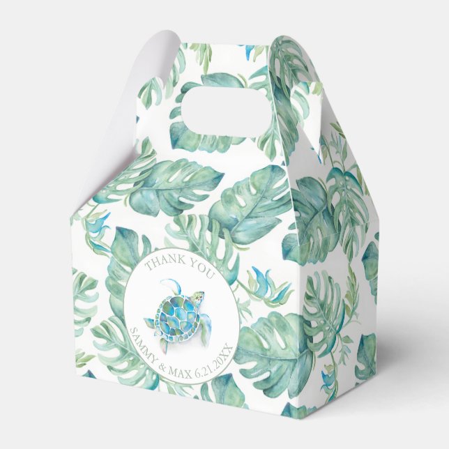 Caixinha De Lembrancinhas Folhas Tropicais Tartaruga Marinha Aquarela (Frente)