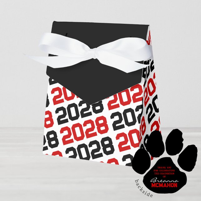 Caixinha De Lembrancinhas Formando Vermelho e Preto Obrigado Imprima o Prese (Red & Black Pawprint Class Year Graduation Favor Boxes. With Personalization on Back)
