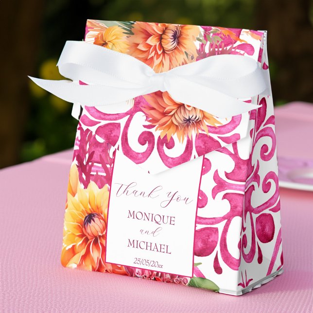 Caixinha De Lembrancinhas Fuchsia Majolica azulejo dahlia laranja modelo (Fuchsia Majolica tiles orange dahlia template Favor Box wedding favors elegant personalized)