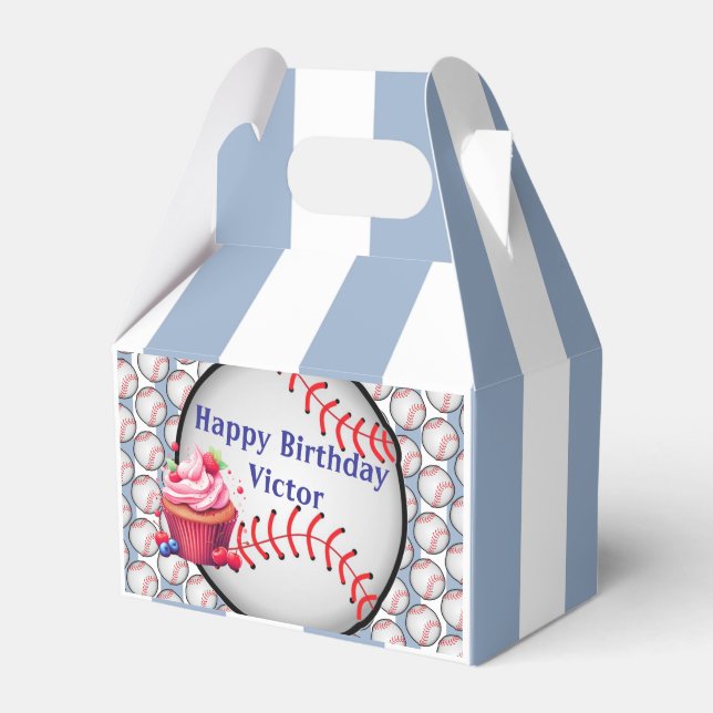Caixinha De Lembrancinhas Gable Favor Box Stripe Blue and White Baseball (Frente)