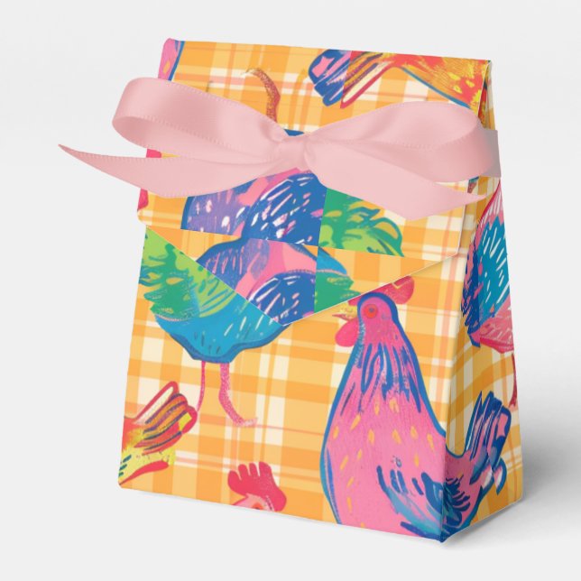 Caixinha De Lembrancinhas Galinhas em Fundo Amarelo Verificado (Frente)