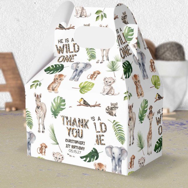Caixinha De Lembrancinhas Garoto primeiro aniversario Selvagem Uma Selva Que (Wild One, Boy 1st birthday, Jungle Animals Themed Birthday favor box.)