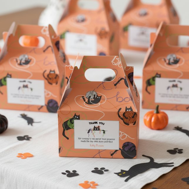 Caixinha De Lembrancinhas Gatos Pretos Bo-Tangidos e Halloween de Fogueira (Orange Black Cat & Boo Yarn Halloween October Birthday Party Thank You Favor Boxes for Cat Lover)