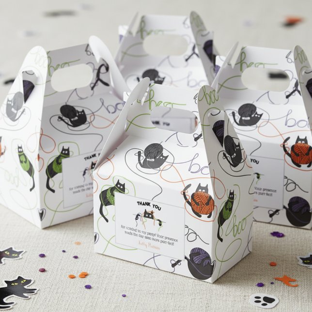 Caixinha De Lembrancinhas Gatos Pretos Bo-Tangidos e Halloween de Fogueira (Black Cat & Boo Yarn Halloween October Birthday Party Thank You Favor Boxes in White for Cat Lover)