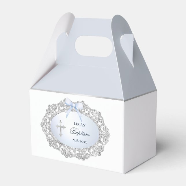 Caixinha De Lembrancinhas Glitter prateado Quadro Arco azul Batismo Pequeno  (Frente)