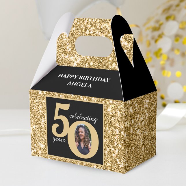 Caixinha De Lembrancinhas Glitter Preto e Dourado 50 Anos 50 Anos 50. Aniver (Black & Gold Glitter 50 Fifty Years 50th Birthday Favor Box)