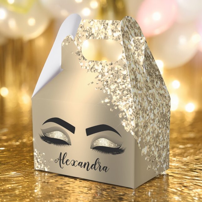 Caixinha De Lembrancinhas Glitter Sparkle Eyelashes Dourado Nome do Monogram (Criador carregado)