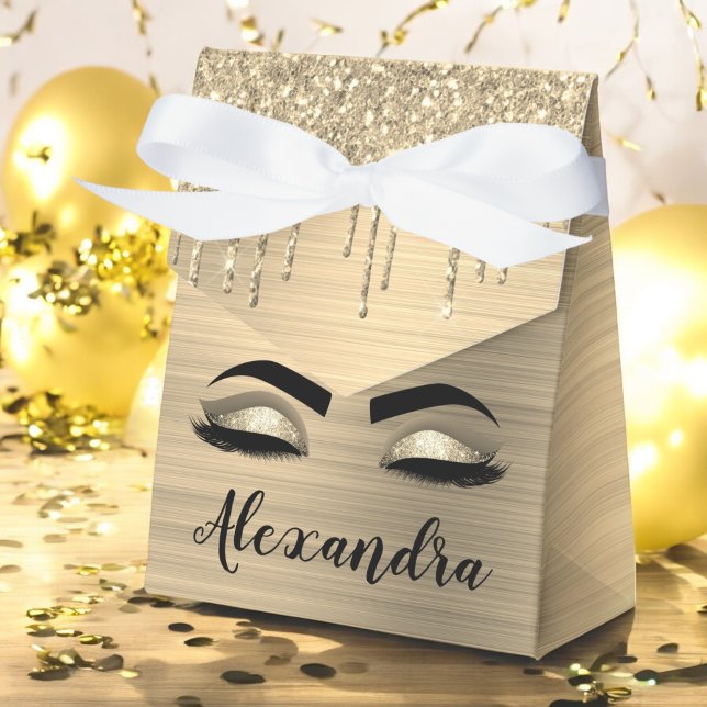 Caixinha De Lembrancinhas Glitter Sparkle Eyelashes Dourado Nome do Monogram (Criador carregado)