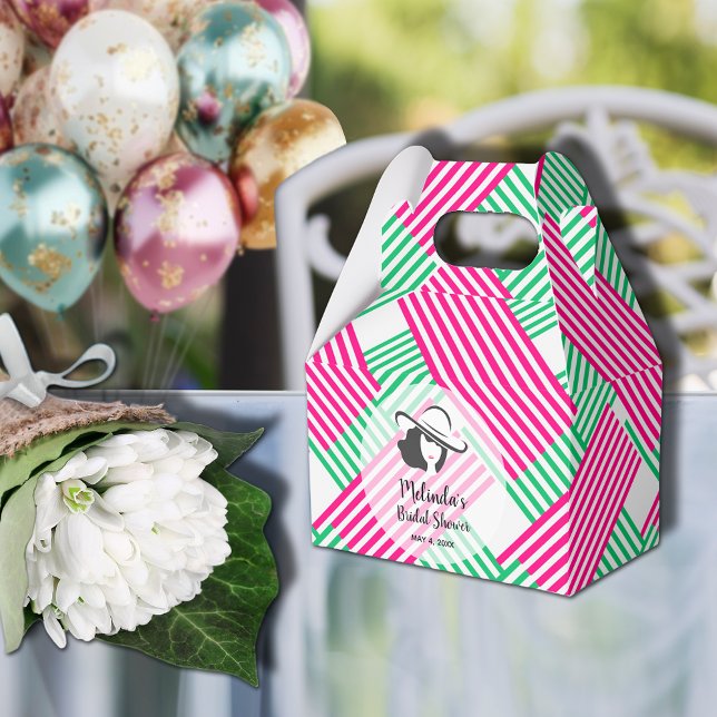 Caixinha De Lembrancinhas Grande Chapéu Derby Lady Quente Rosa Greve Verde G (Big Derby hat lady on hot pink and green diagonal stripes gable style bridal shower favor boxes)