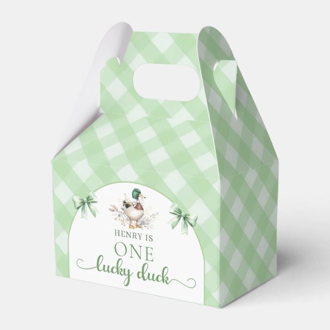 Caixinha De Lembrancinhas Green Gingham One Lucky Duck Birthday (Frente)