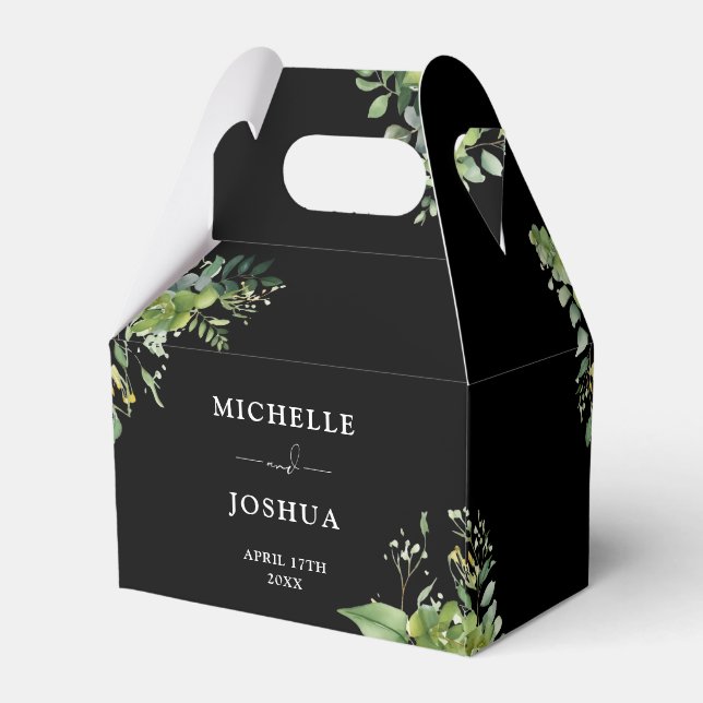 Caixinha De Lembrancinhas Greenery Floral Moderno Casamento Negro E Branco (Verso)