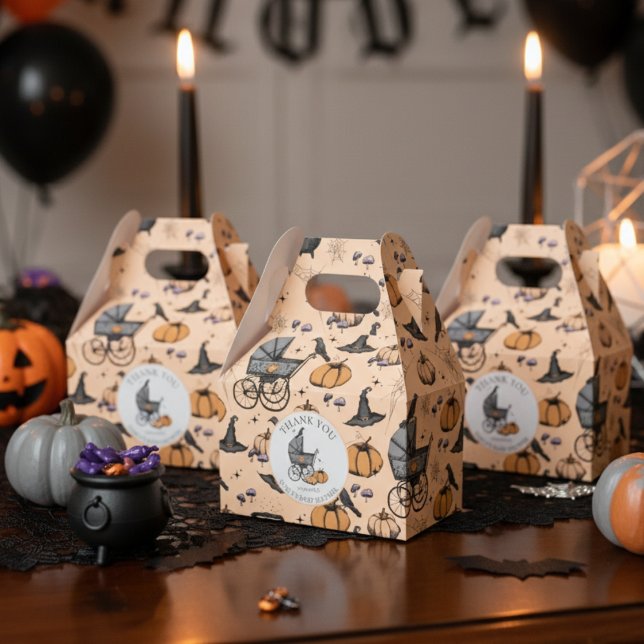 Caixinha De Lembrancinhas Halloween de Carruagem de Bebê Vitoriana do Gótico (Cute Gothic Halloween Baby Shower Favor Boxes in Orange. Spooky Vintage Baby Carriage Pumpkins Bats)