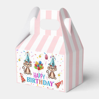 Caixinha De Lembrancinhas Happy Birthday Gable Favor Box Pink Stripe Monkeys