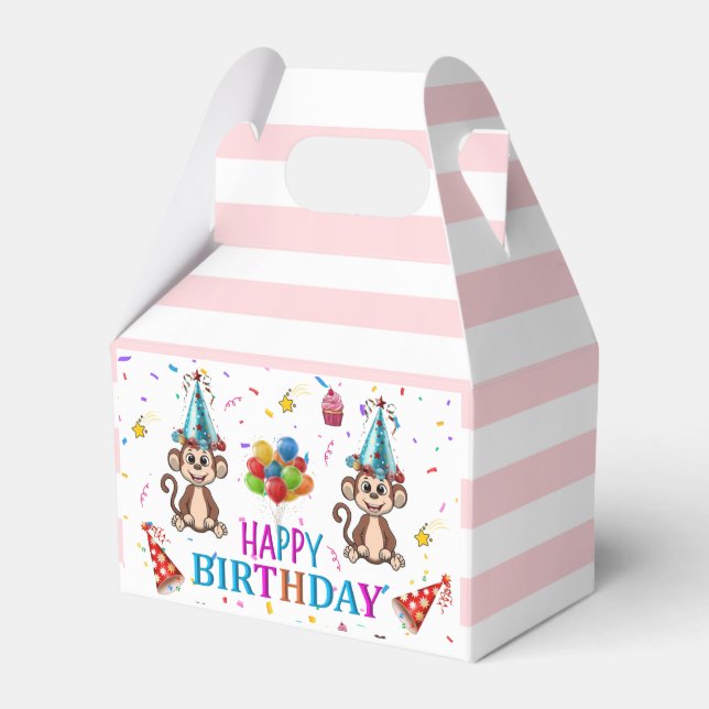Caixinha De Lembrancinhas Happy Birthday Gable Favor Box Pink Stripe Monkeys (Frente)