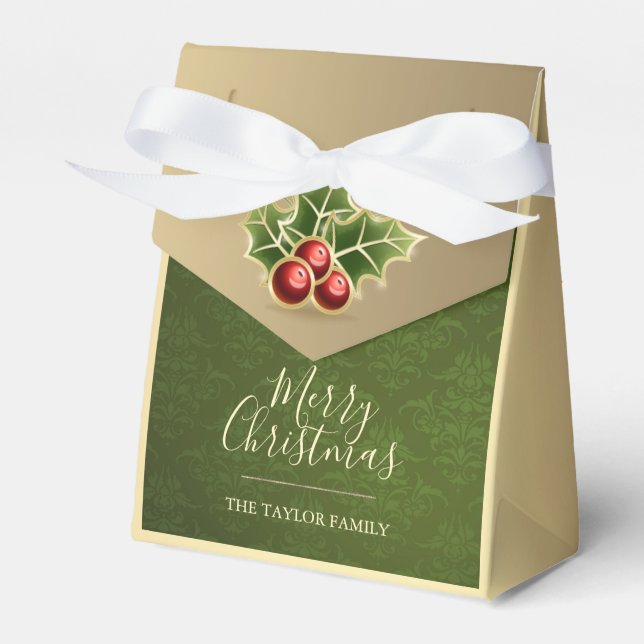 Caixinha De Lembrancinhas Holly Berry Christmas Personalizou Green Damask (Frente)