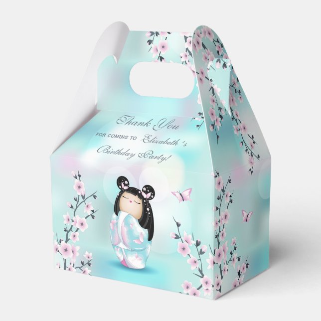 Caixinha De Lembrancinhas Kokeshi Doll Cherry Blossom Obrigado Aniversário (Frente)
