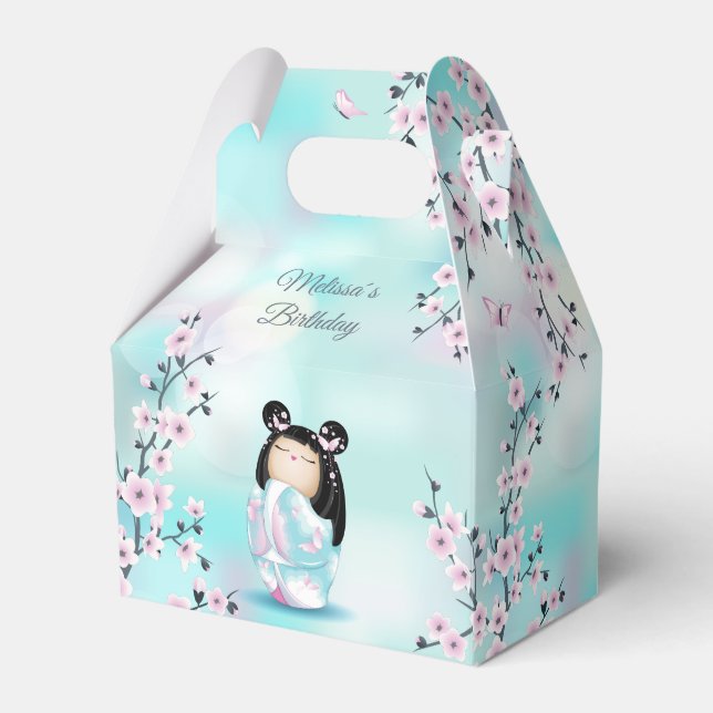 Caixinha De Lembrancinhas Kokeshi Doll Cherry Blossoms Turquoise (Frente)