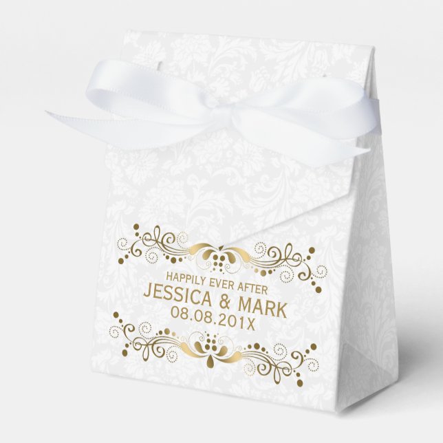 Caixinha De Lembrancinhas Lace Dourado Floral Elegante Com Damáscaras Branco (Frente)