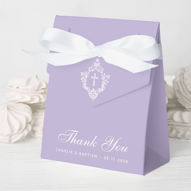 Caixinha De Lembrancinhas Lavender Baptism White Cross Crest Elegant Purple (Criador carregado)