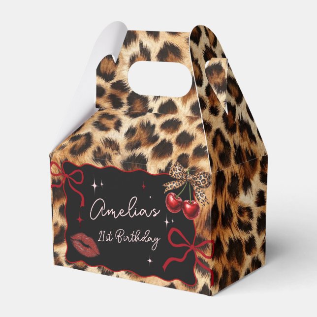 Caixinha De Lembrancinhas Leopard Cheetah Cherry Birthday Favor Box (Frente)