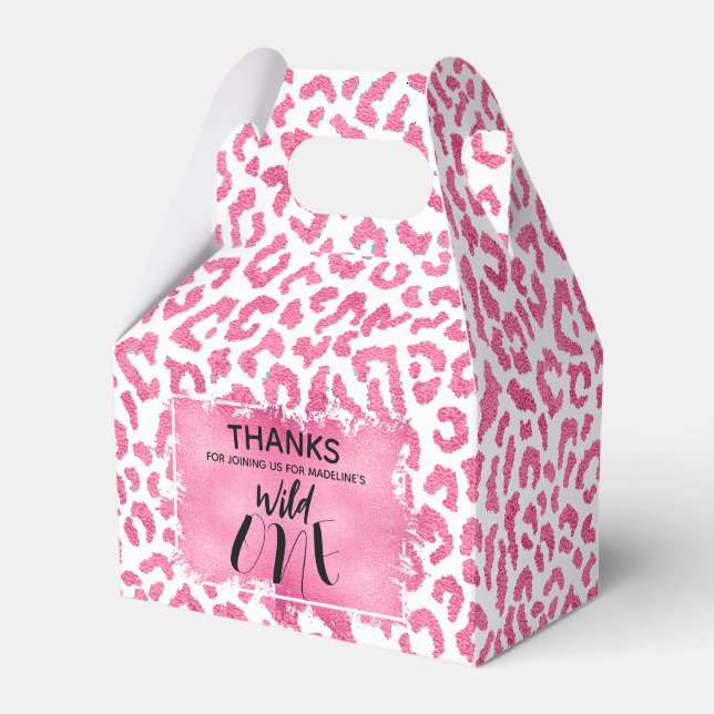 Caixinha De Lembrancinhas Lindo Selvagem Rosa Leopardo 1º Aniversário (Frente)