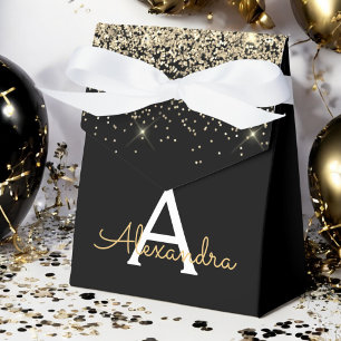 Caixinha De Lembrancinhas Luxo Glitter Monograma Preto Dourado