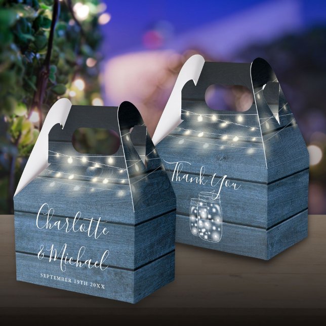 Caixinha De Lembrancinhas Luzes de Corda de Madeira Azul Rústica Casamento (Rustic Blue Wood String Lights Wedding Favor Box)