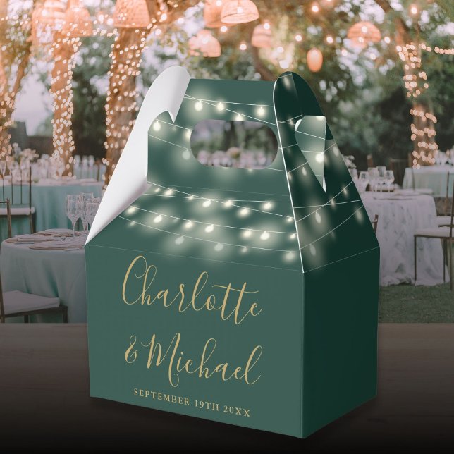 Caixinha De Lembrancinhas Luzes de Corda Dourada Verde Assinatura Casamento  (Green Gold String Lights Signature Script Wedding Favor Boxes)