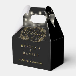 Caixinha De Lembrancinhas Luzes de Corda Preto e Dourado Floral Casamento