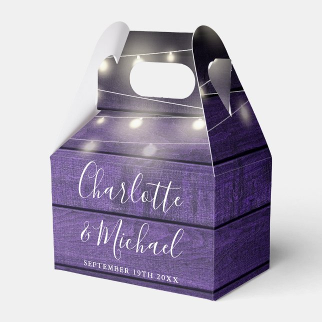 Caixinha De Lembrancinhas Luzes de Corda Roxo Madeira Rústica Letra Casament (Frente)